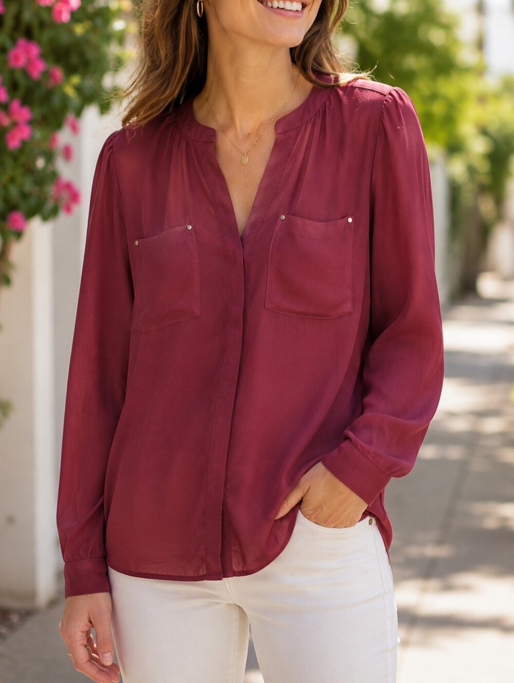 Apt. 9 Burgundy Button-Down Blouse | Long Sleeve V-Neck Pocket Top
